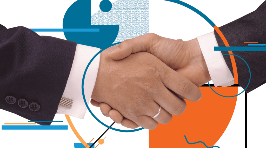 Handshake between two men in suits with bold colors and shapes surrounding the gesture