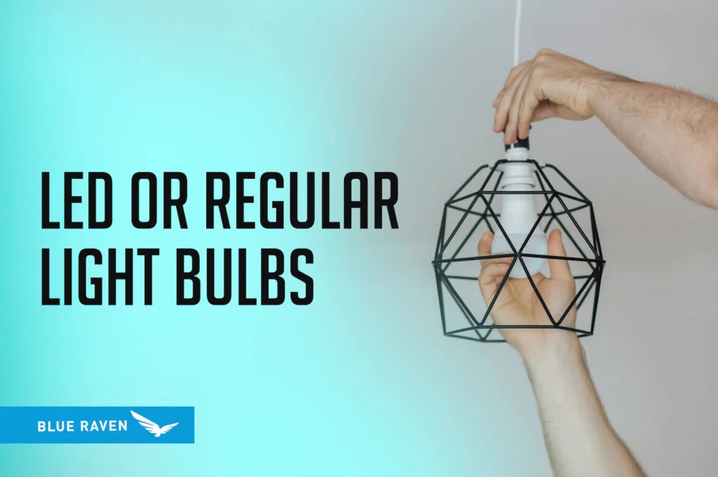Human hands screwing in a light bulb into a modern ligh fixture with the title = LED or Regular Light Bulbs