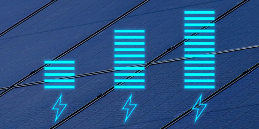 Residential solar panel system in the background with three different battery levels and lightning icons below in neon blue