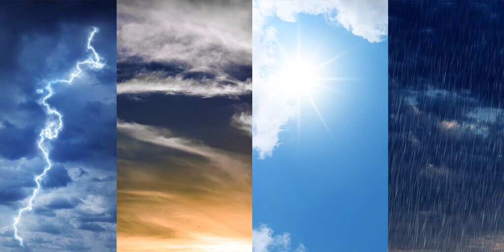 Four different types of extreme weather, side by side including lightning, clouds, sunshine, and rain