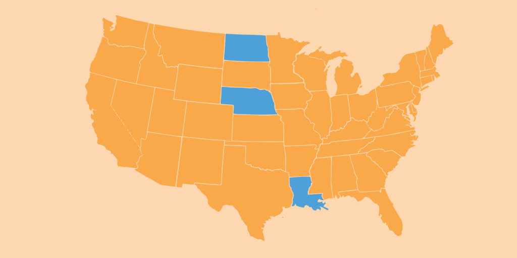 Map of the United States of America in shades of orange, with 3 states highlighted in blue