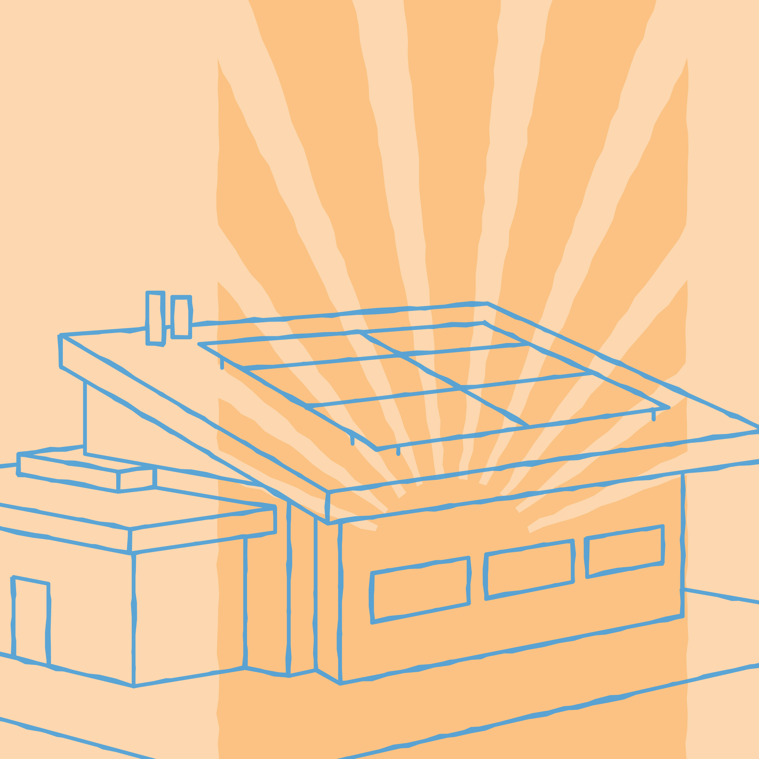 Thin line icon of a house with solar panels in blue with an orange sun-ray in the background