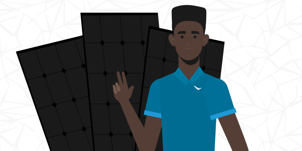 Male character holding up three fingers, standing in front of 3 solar panels with an abstract pattered background in muted tones