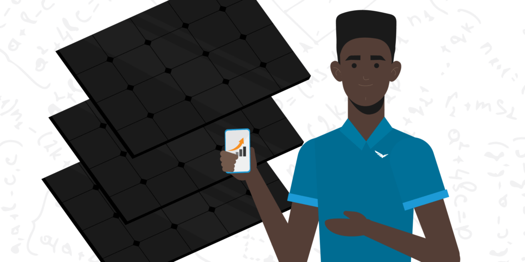 Male character holding a smart phone, standing in front of 3 solar panels stacked on top of each other
