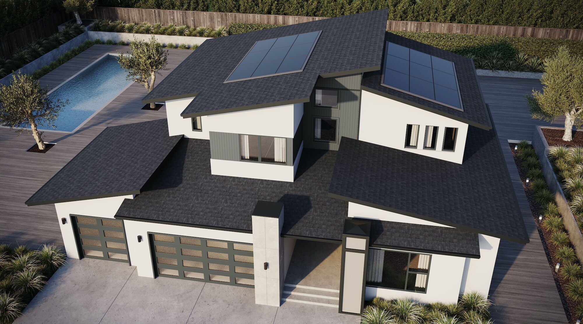 Home with pool with Solar Panels on the roof. Solarhome