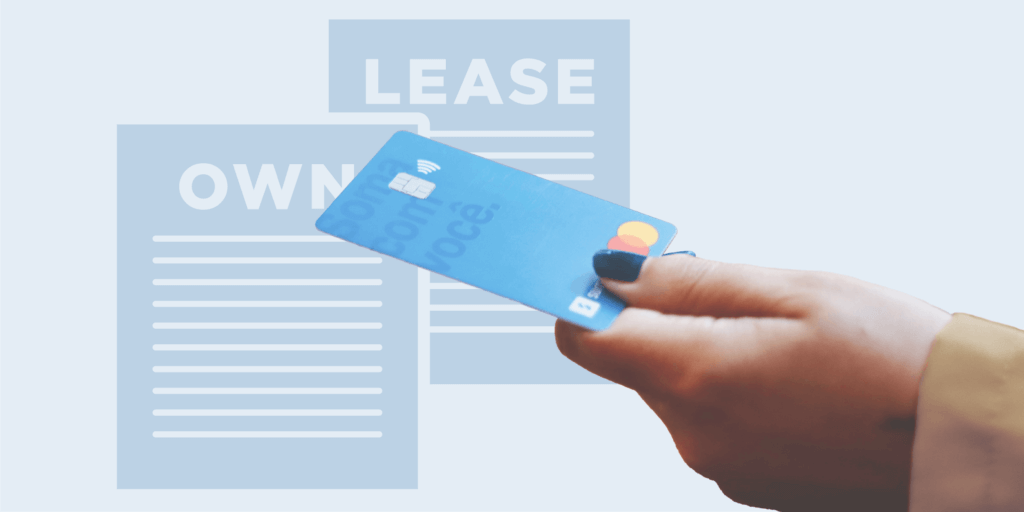 Finding a Reputable Solar Company-02 Hand holding a credit card with 'Own' and 'Lease' documents in the background