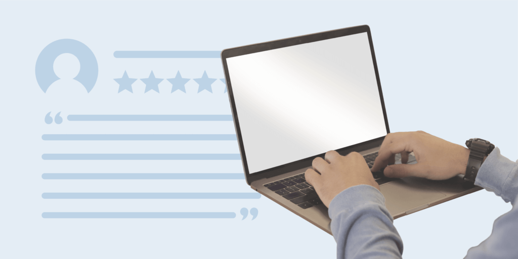 Finding a Reputable Solar Company-03 Individual working on a laptop with a review graphic mock-up in the background