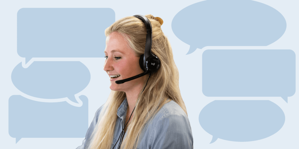Finding a Reputable Solar Company-05 Female with a headset, talking to a customer with chat bubble icons outlined in the background