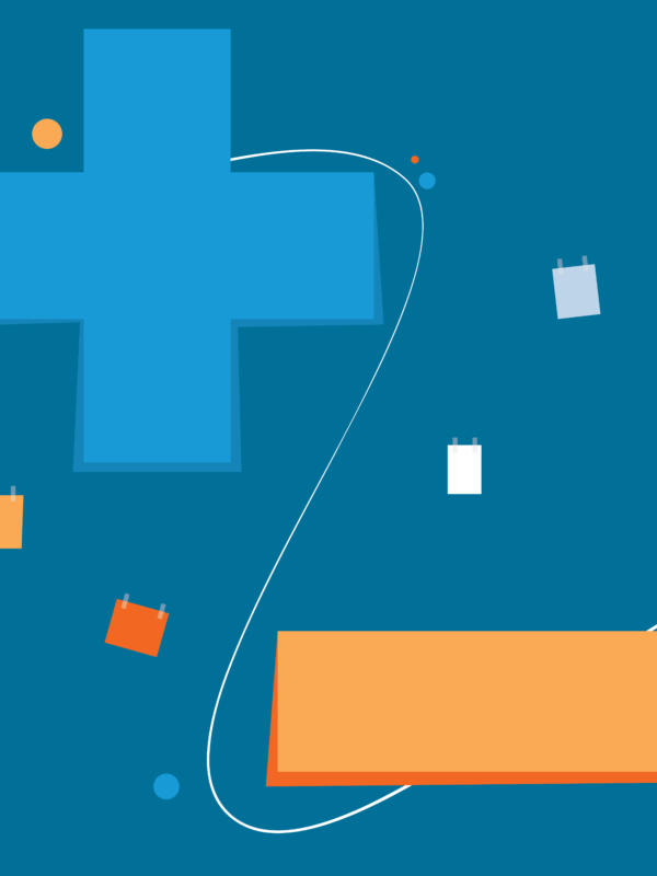 Plus sign in blue and a minus sign in orange with small graphics surrounding