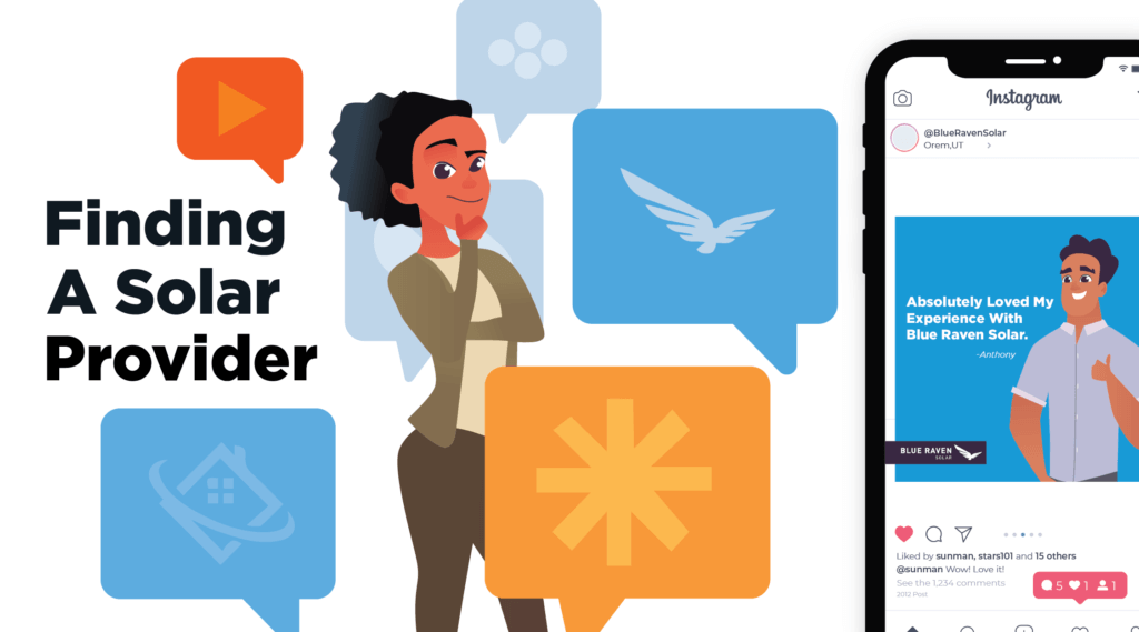 Going Solar in Four Easy Steps_Finding a Solar Provider Finding a Solar Provider with cartoon style female surrounded by blue and orange thought bubble graphics