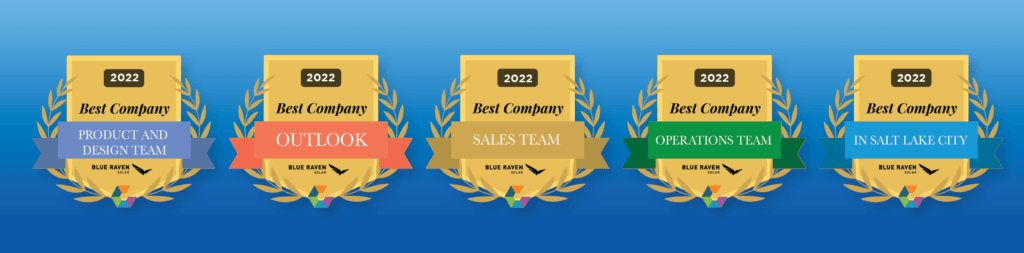 Five different Comparably award badges in a row with a blue background