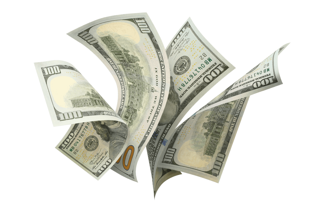 $100 US dollar bills floating downward