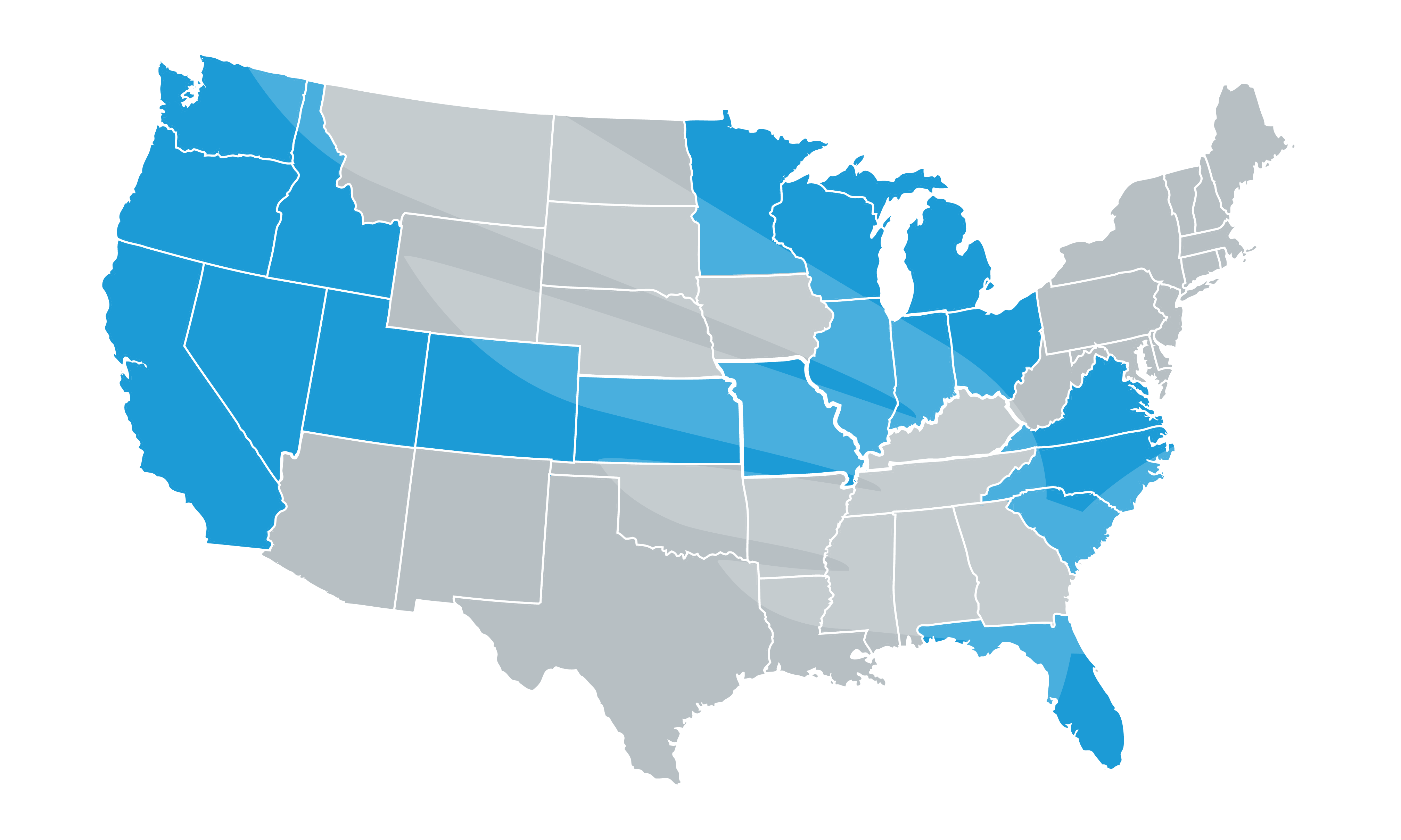Map of the United States of America, indicating Blue Raven Solar service areas and locations in blue