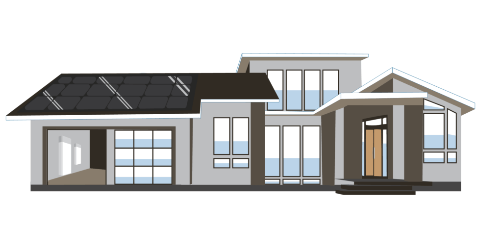 Illustration of a house with multiple solar panel arrays