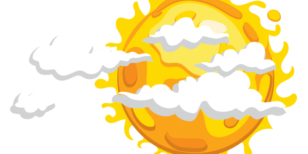 Graphic illustration of the sun with white, cartoon-like clouds overlaid