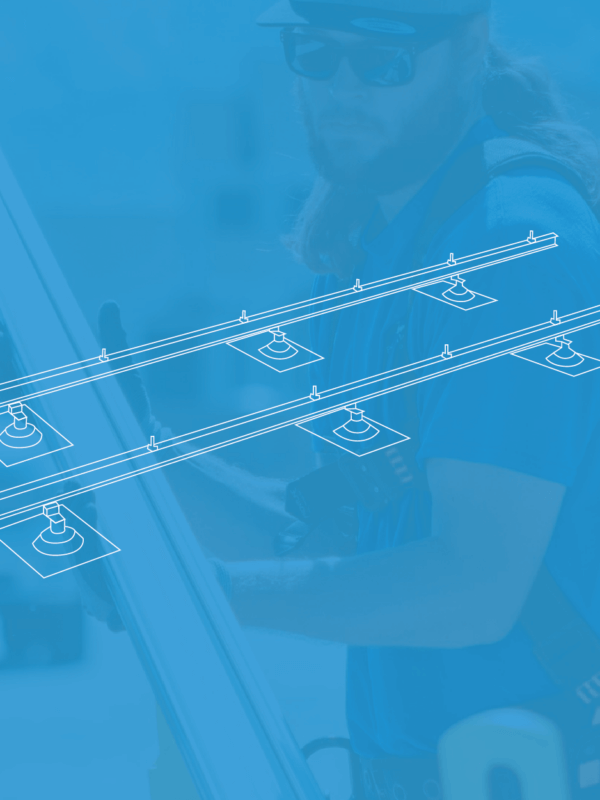 Line drawing of solar panel racking system overlaid on blue background image of a Blue Raven Solar installer holding a panel