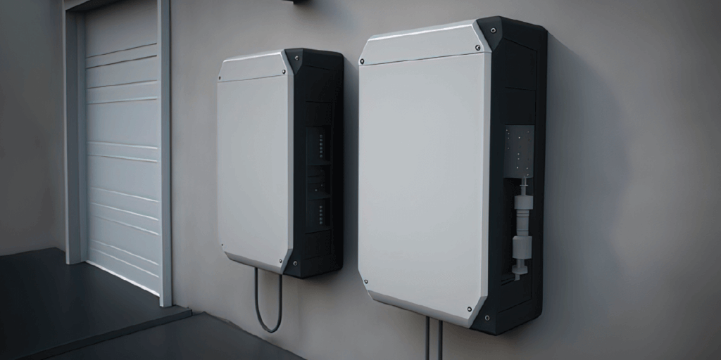 Up close preview of two battery renderings, next to a white garage door