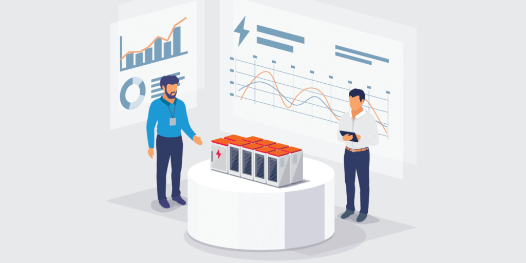 Graphic illustration of two males presenting data with a scaled-down version of multiple batteries on a platform