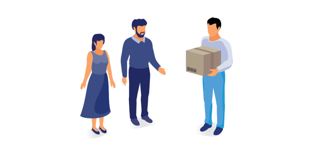 Male and female couple, standing next to a male solar installer representative holding a brown box