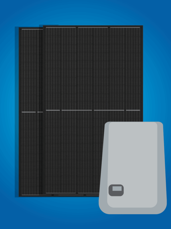 Inverter and solar panel graphics on a blue background