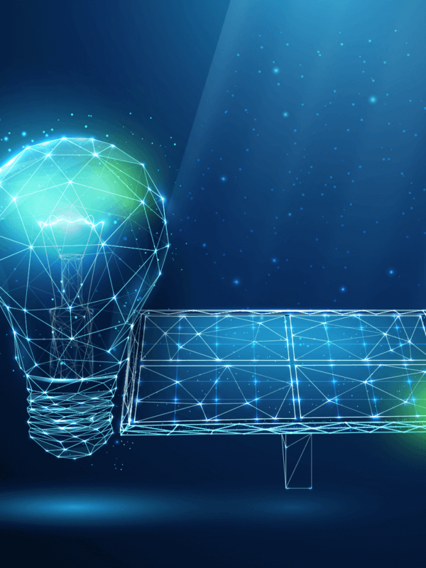 Lightbulb and solar panel glowing on different angles on a dark blue background