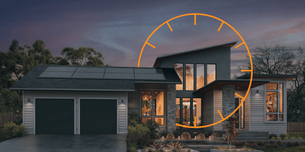 Modern house rendering at dusk and an incomplete thin-line, orange icon similar to a clock