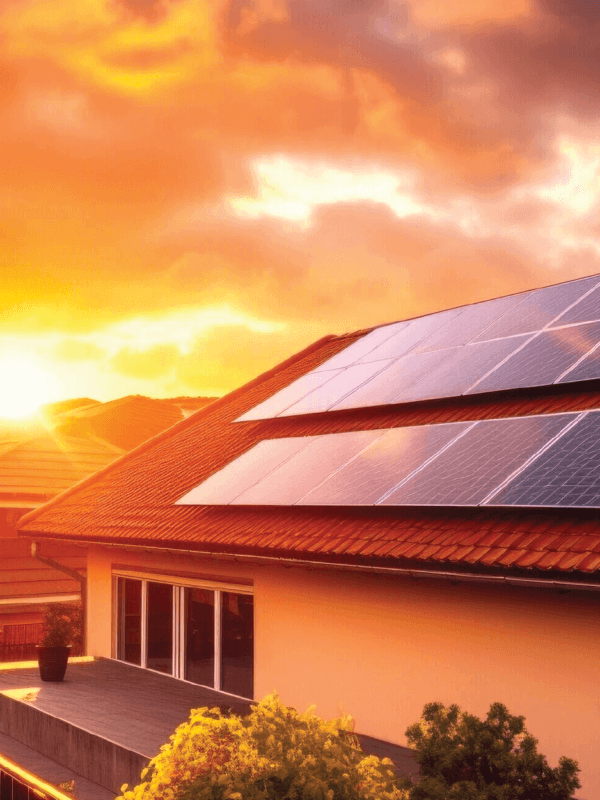 Large solar panel system installed on roof of second-story home with thick clouds above and the sun shining through rendering