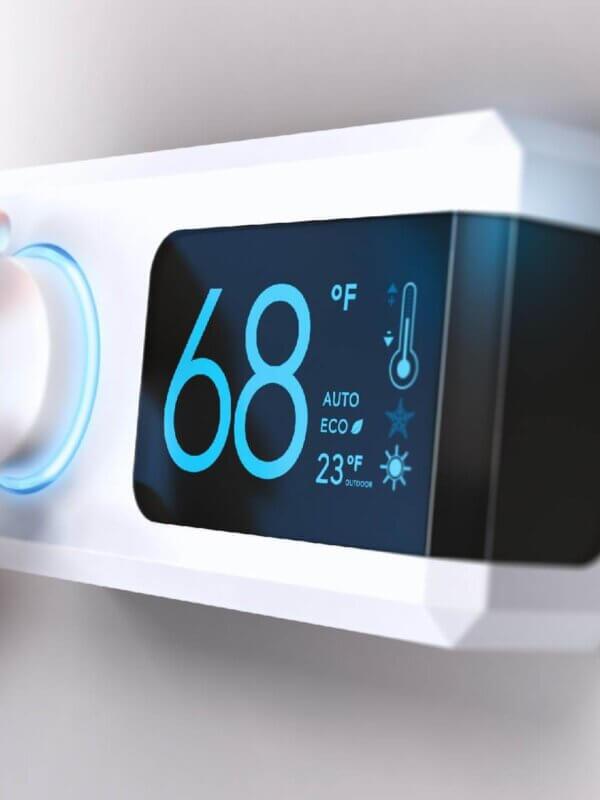 Smart thermostat featuring 68 degrees installed on white wall and a hand adjusting the knob