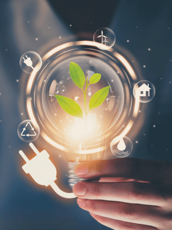 Glowing light bulb with plug held by a hand with a green plant in the middle and five different energy types on the exterior
