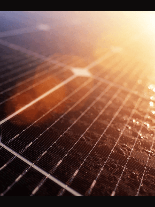 Solar panel cells with sun flare in the top right corner