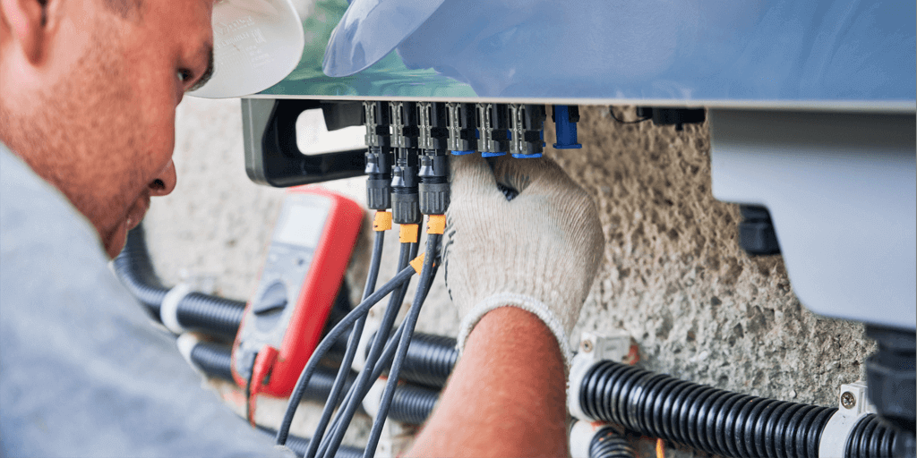 Male electrician in safety equipment connecting wires