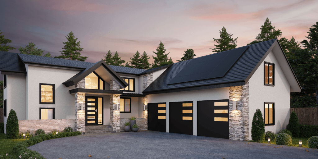 House rendering with a large solar panel system on a 3-car garage, with tall pine trees behind, at dusk