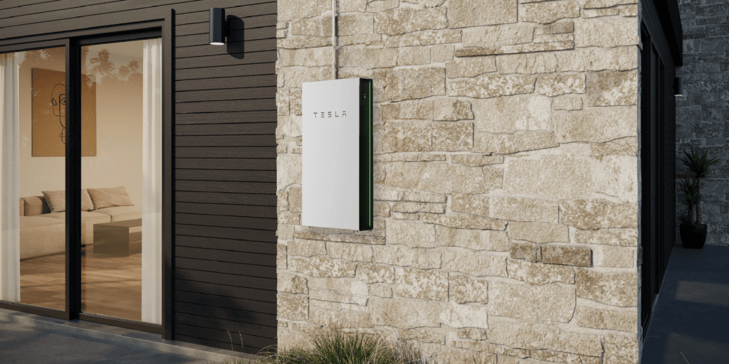 Rendering of a Tesla Powerwall battery on a modern, neutral house