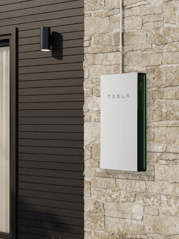 Rendering of a Tesla Powerwall battery on a modern, neutral house