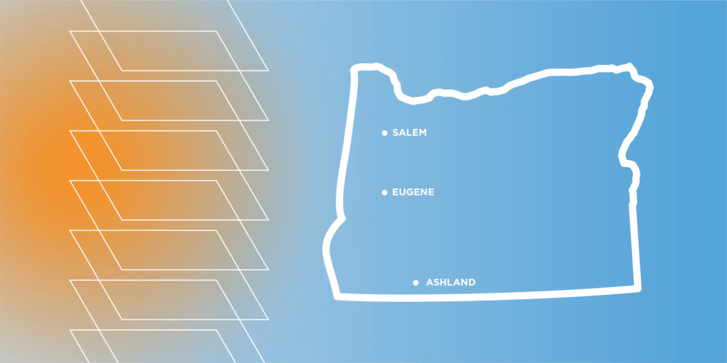 The image shows a map of Oregon with Salem, Eugene, and Ashland marked. It features a gradient background from orange to blue, with geometric shapes on the left.