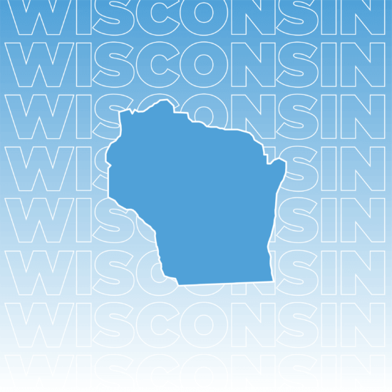 White text outline of "Wisconsin" repeated and overlaid on a gradient background fading from blue to white including a blue outline of the state