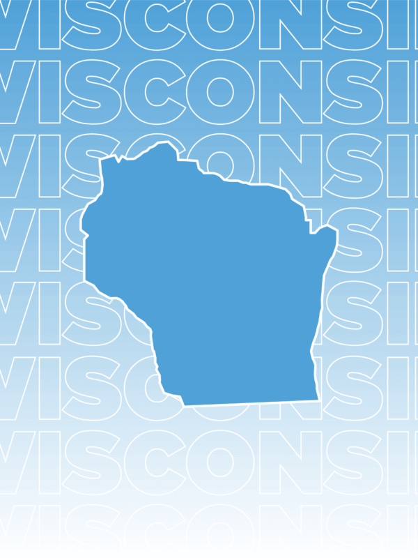 White text outline of "Wisconsin" repeated and overlaid on a gradient background fading from blue to white including a blue outline of the state