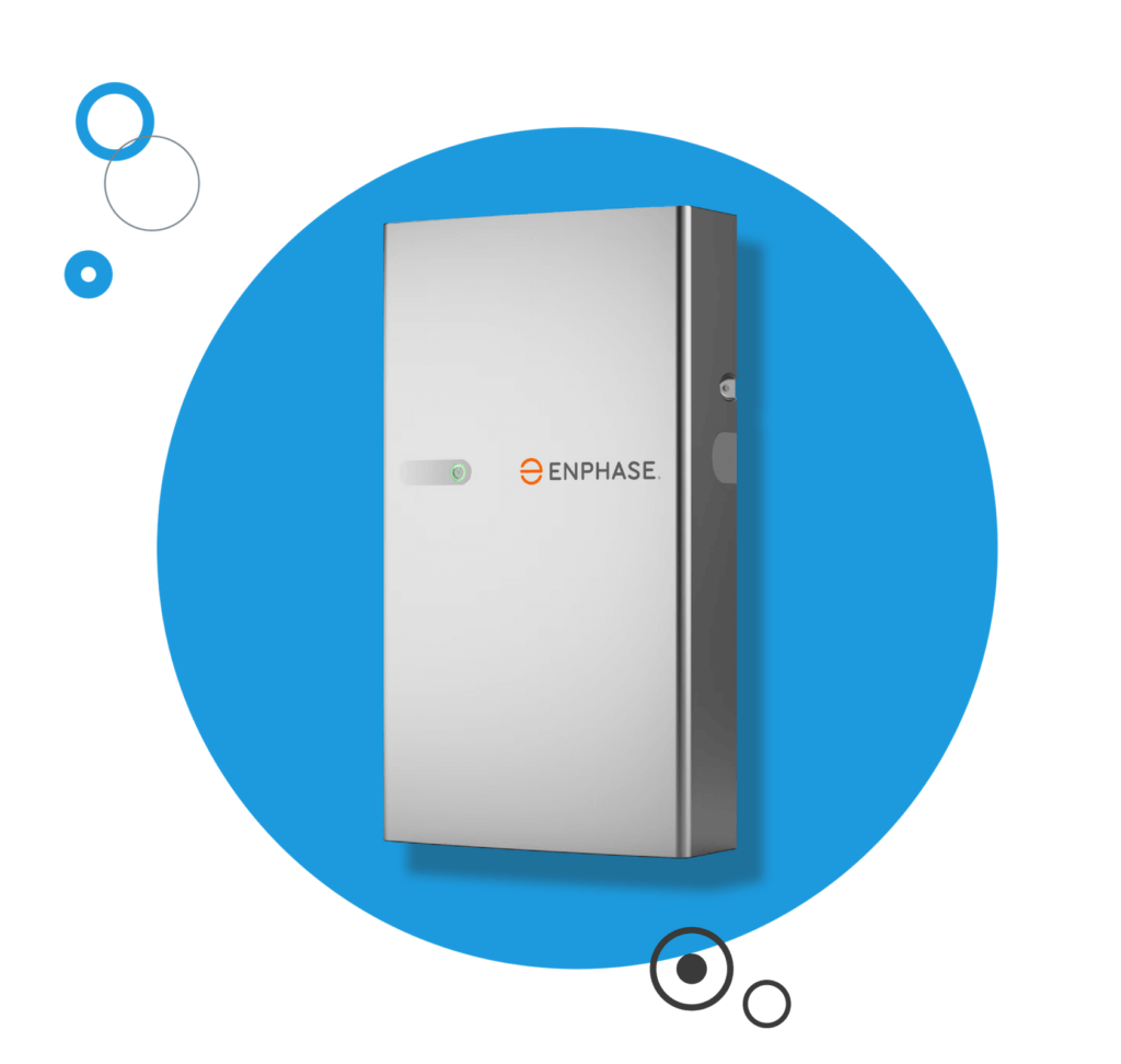 IQ Enphase 5P battery overlaid on blue circular graphic with accent circles