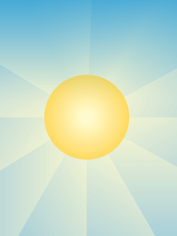 Yellow sun in the middle with rays outward in hues of golden yellow and blue