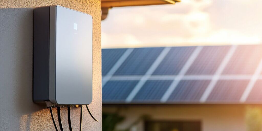 Solar battery connected to an exterior wall with solar panels on roof in the background