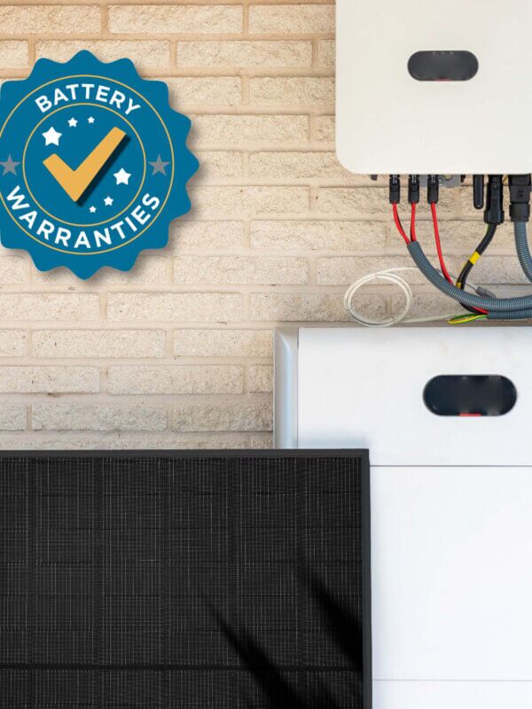 Solar battery system with a solar panel and a Battery Warranties badge in the left hand corner