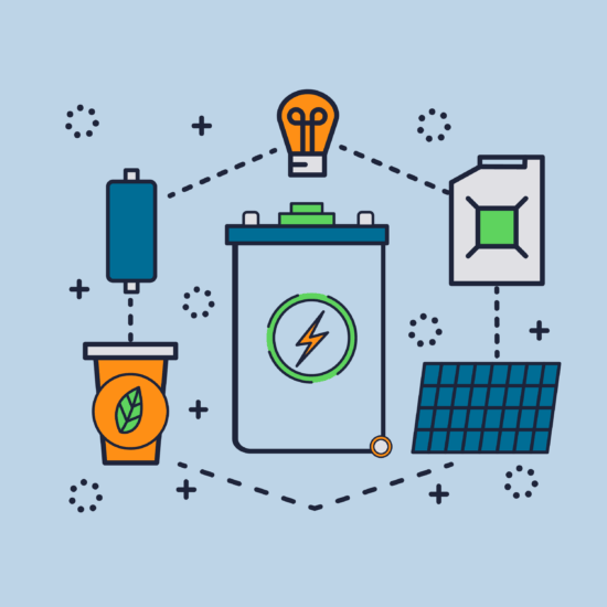 Graphic illustrating the lifespan of a solar battery, featuring a central battery icon surrounded by visuals including a light bulb, solar panel, plant symbolizing sustainability, and a recycling icon to represent the energy cycle