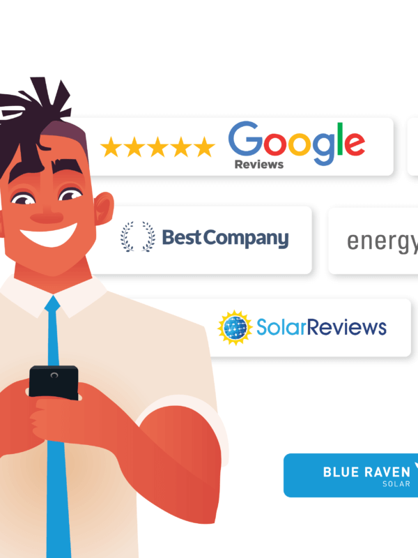 Cartoon like male character, holding a smart phone surrounded by review site logos
