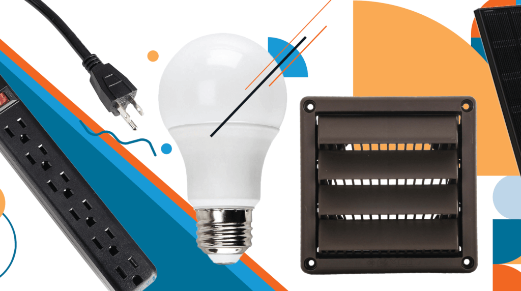 Power strip, smart light bulb, vent with blue and orange abstract shapes making up a background