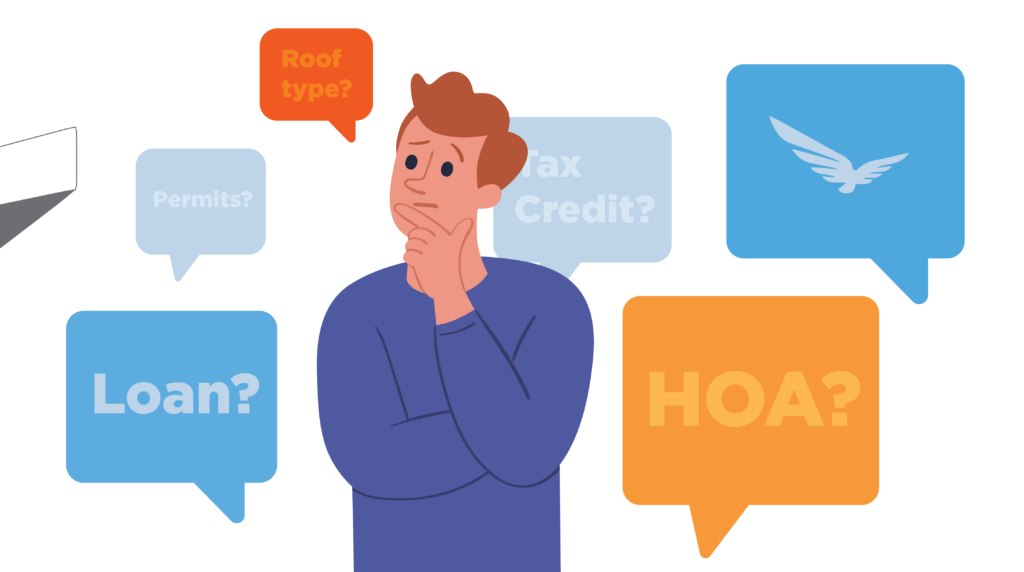 Male character with though bubbles popping up and around in blue and orange tones