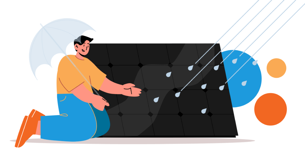 Male character kneeling and motioning towards a large solar panel with rain hitting it all while holding an umbrella