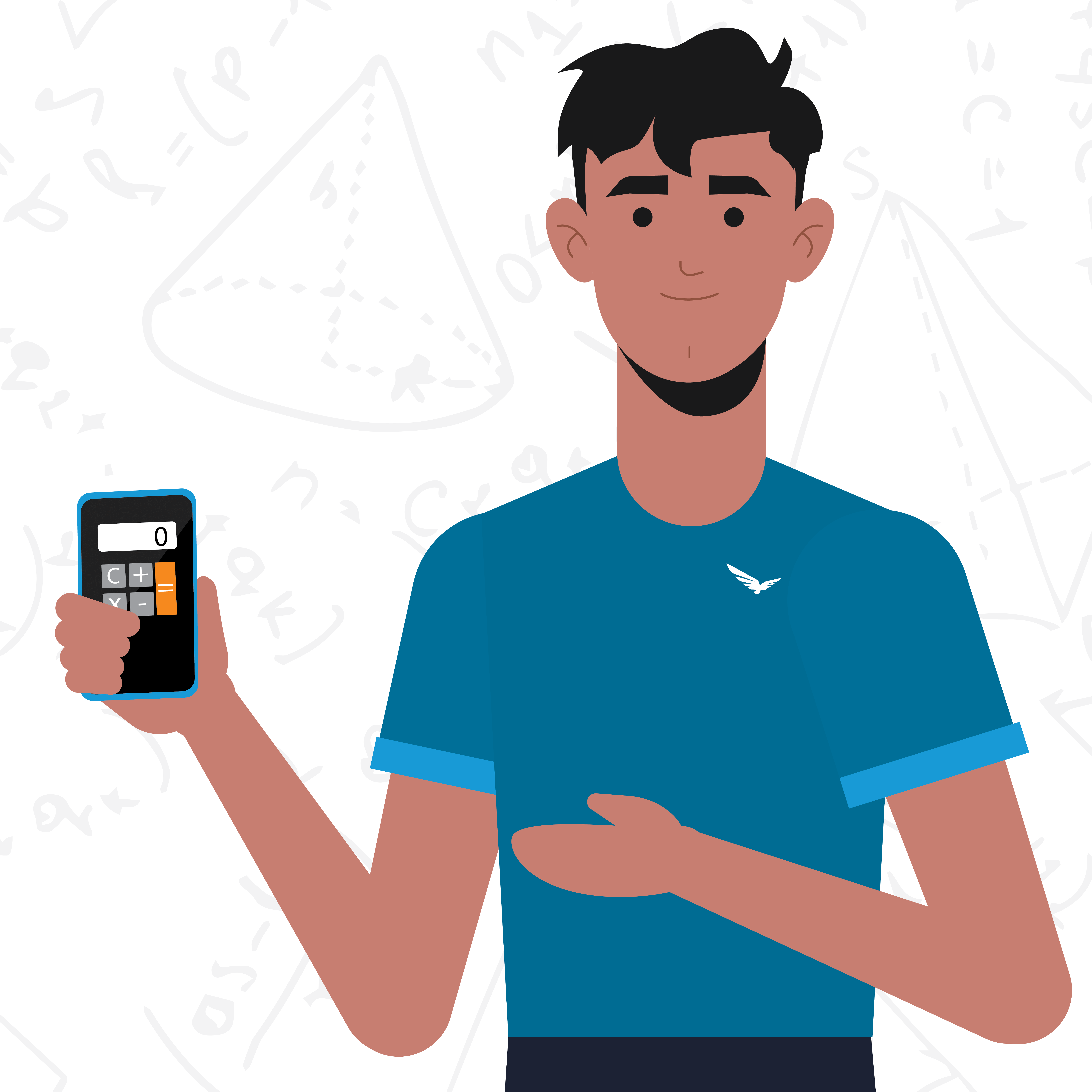 Male character in a Blue Raven Solar branded shirt holding a calculator illustration