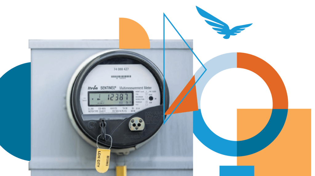 Power meter with Blue Raven Solar icon and bright and bold colors and shapes overlaid