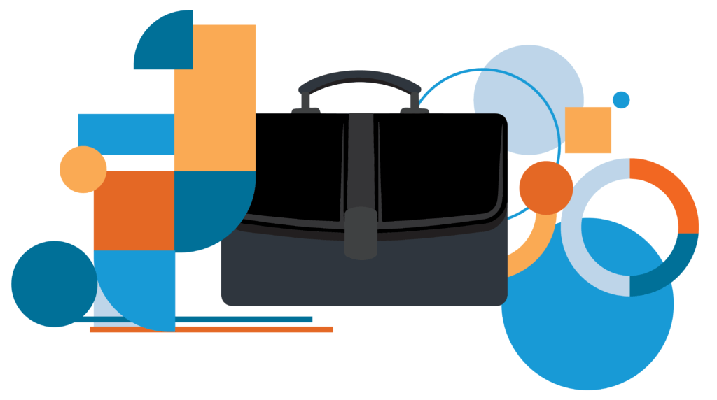 Briefcase icon surrounded by bright colored geometric shapes