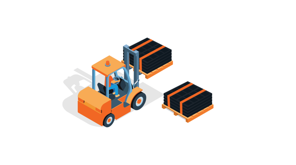 Illustration of a forklift driver, lifting a pallet of solar panels